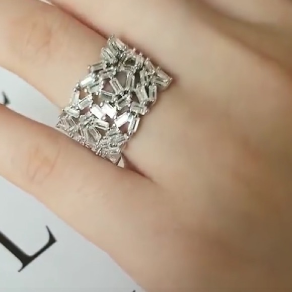 18k WG/S925 Sterling Silver Baguette Diamond Cluster Band - Picture 8 of 8